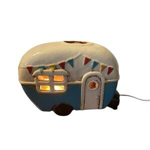 Kirklands Camper Caravan RV Ceramic Tabletop Night Light Lamp Retro Blue Aqua